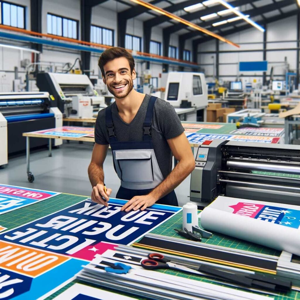 Worker happy making yard signs as job